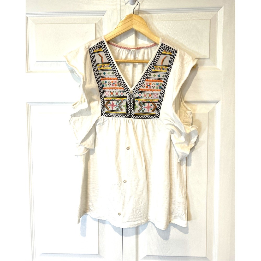 Falmer Heritage Peasant Blouse Womens Sz 12 White Embroidered Ruffle Sleeve Top